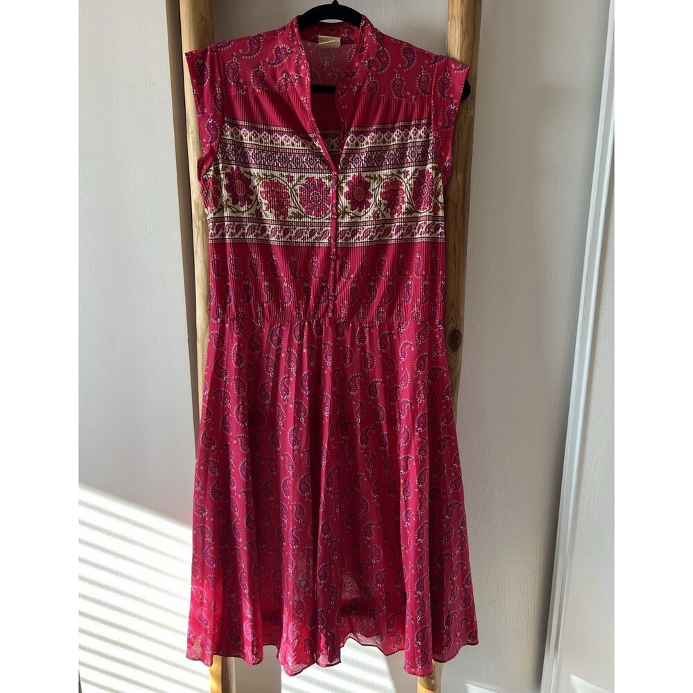 Vintage Promises Sheer Pink Dress Paisley Border Print Boho Midi No Slip Size 16